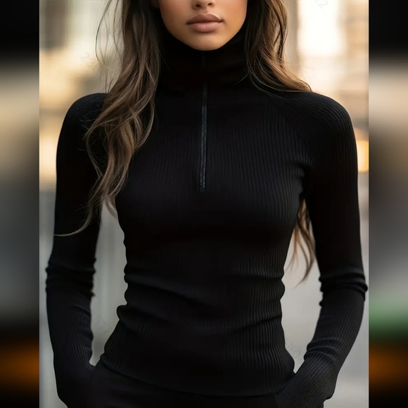Sweaters - Black Ribbed Turtleneck Sweater With Half Zip